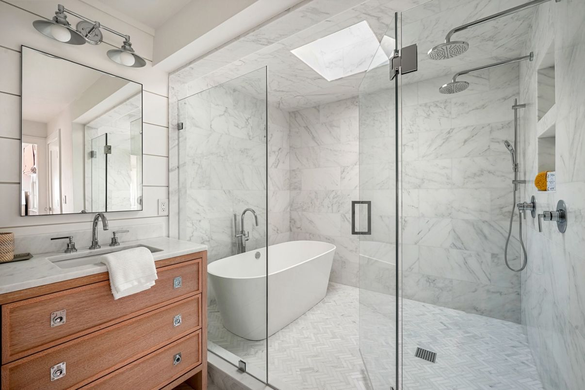 Bathroom, Free Standing Baths, Glass Shower, Interior, Marble Walls