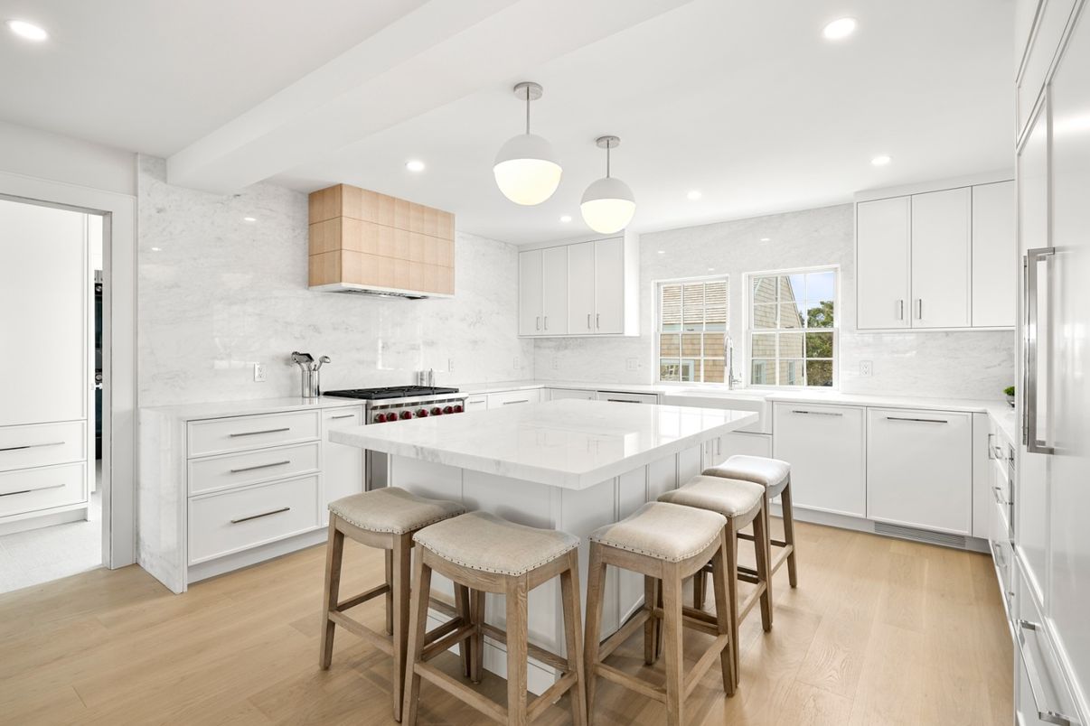 Interior, Kitchen, Marble Walls, Pendant Lights, Recessed Lighting, Wood Texture Flooring