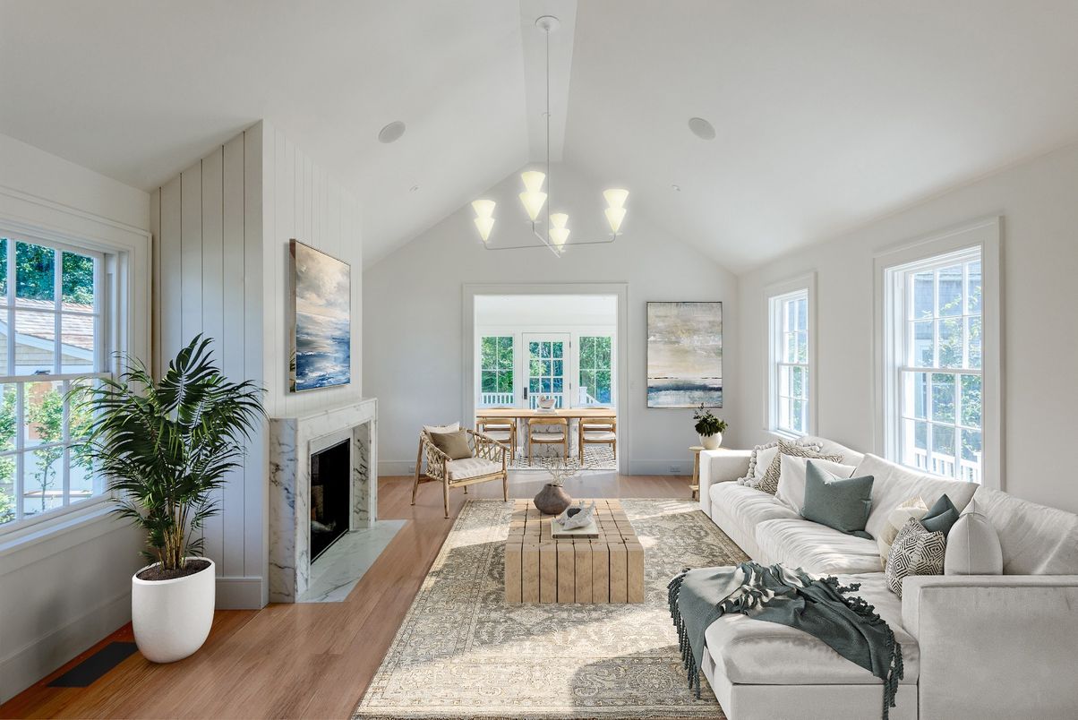 Fireplace, Interior, Living room, Pendant Lights, Wood Texture Flooring