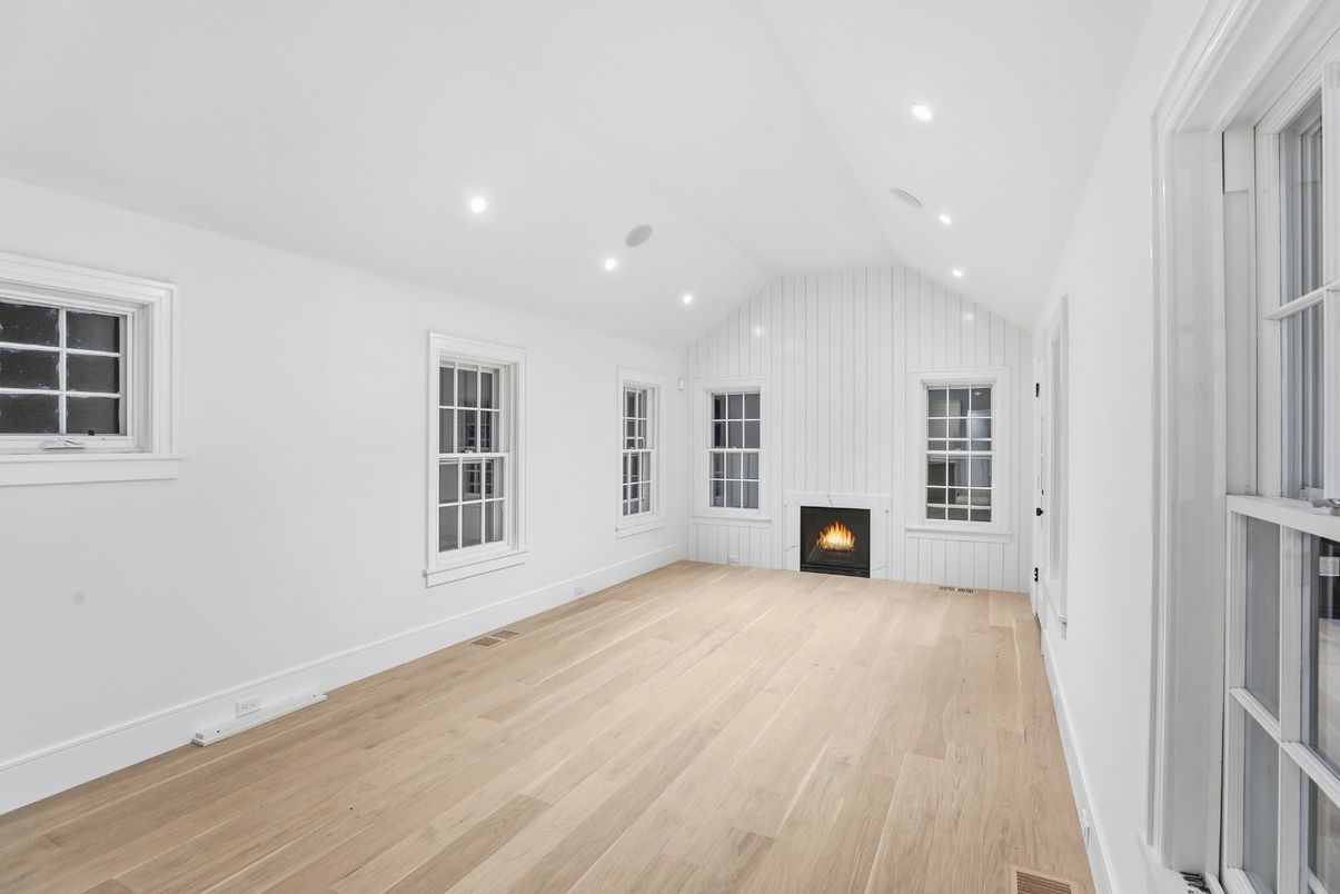 Empty room, Fireplace, Interior, Recessed Lighting, Wood Texture Flooring