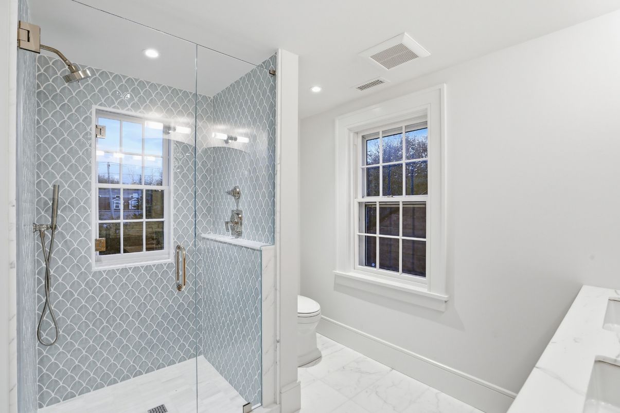 Bathroom, Glass Shower, Interior, Marble, Recessed Lighting