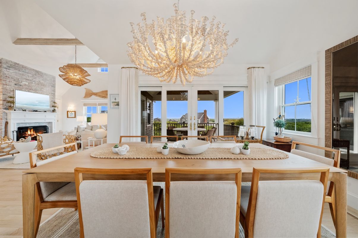 Chandelier, Dining room, Fireplace, Interior, Living room, Pendant Lights, Wood Texture Flooring
