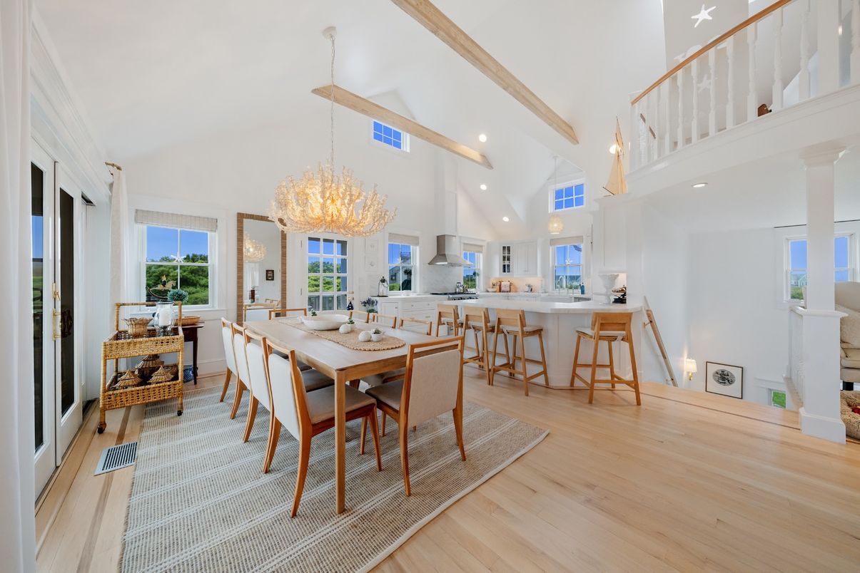 Chandelier, Dining room, Interior, Kitchen, Recessed Lighting, Wooden Beams, Wood Texture Flooring