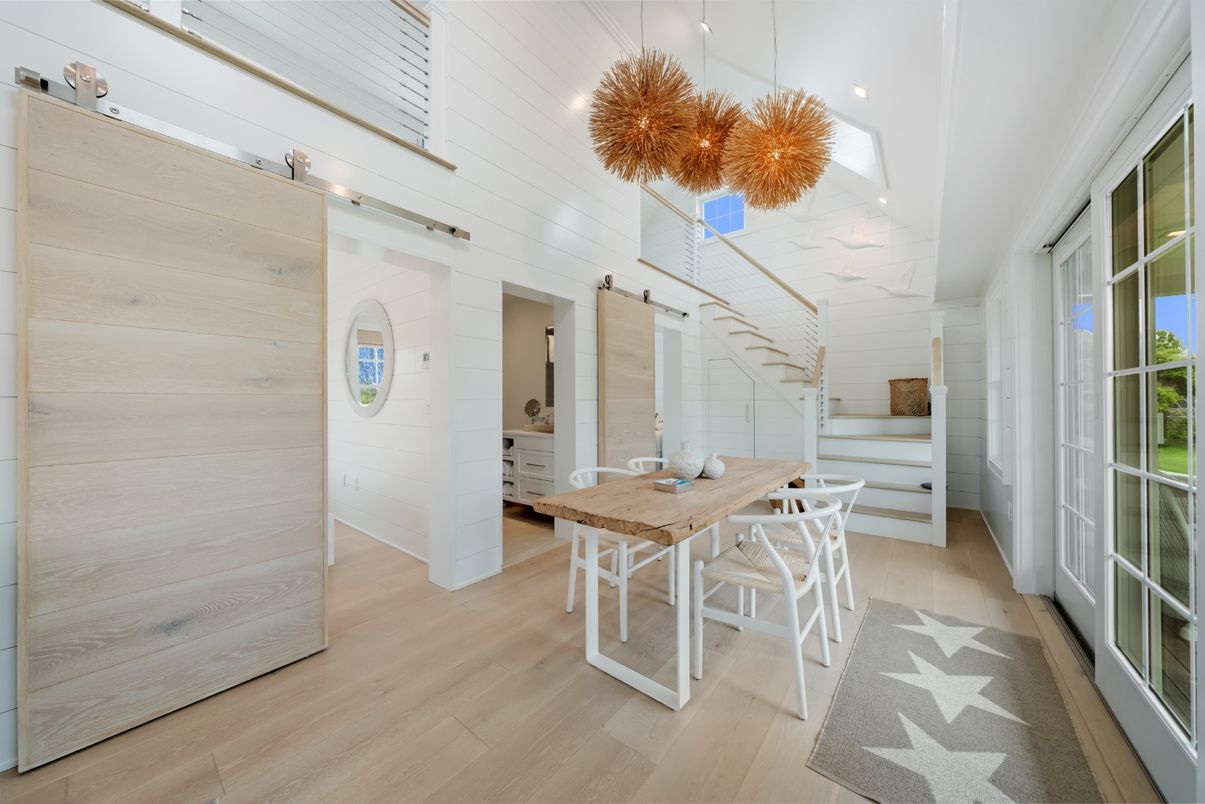 Dining room, Interior, Pendant Lights, Recessed Lighting, Wood Texture Flooring, Wooden Walls