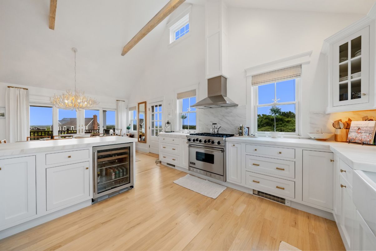 Chandelier, Interior, Kitchen, Pendant Lights, Stainless Steel Appliances, Wooden Beams, Wood Texture Flooring