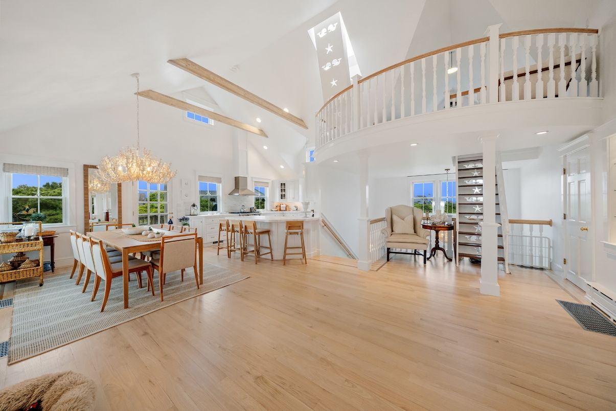 Chandelier, Dining room, Interior, Recessed Lighting, Wooden Beams, Wood Texture Flooring