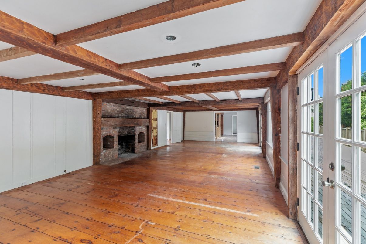 Empty room, Fireplace, Interior, Wooden Beams, Wood Texture Flooring