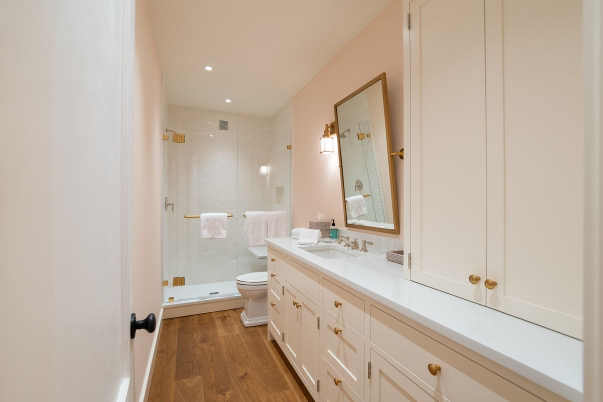 Bathroom, Dual Sink Vanities, Interior, Recessed Lighting, Wood Texture Flooring
