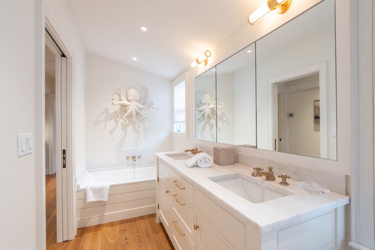 Bathroom, Dual Sink Vanities, Interior, Recessed Lighting, Wood Texture Flooring