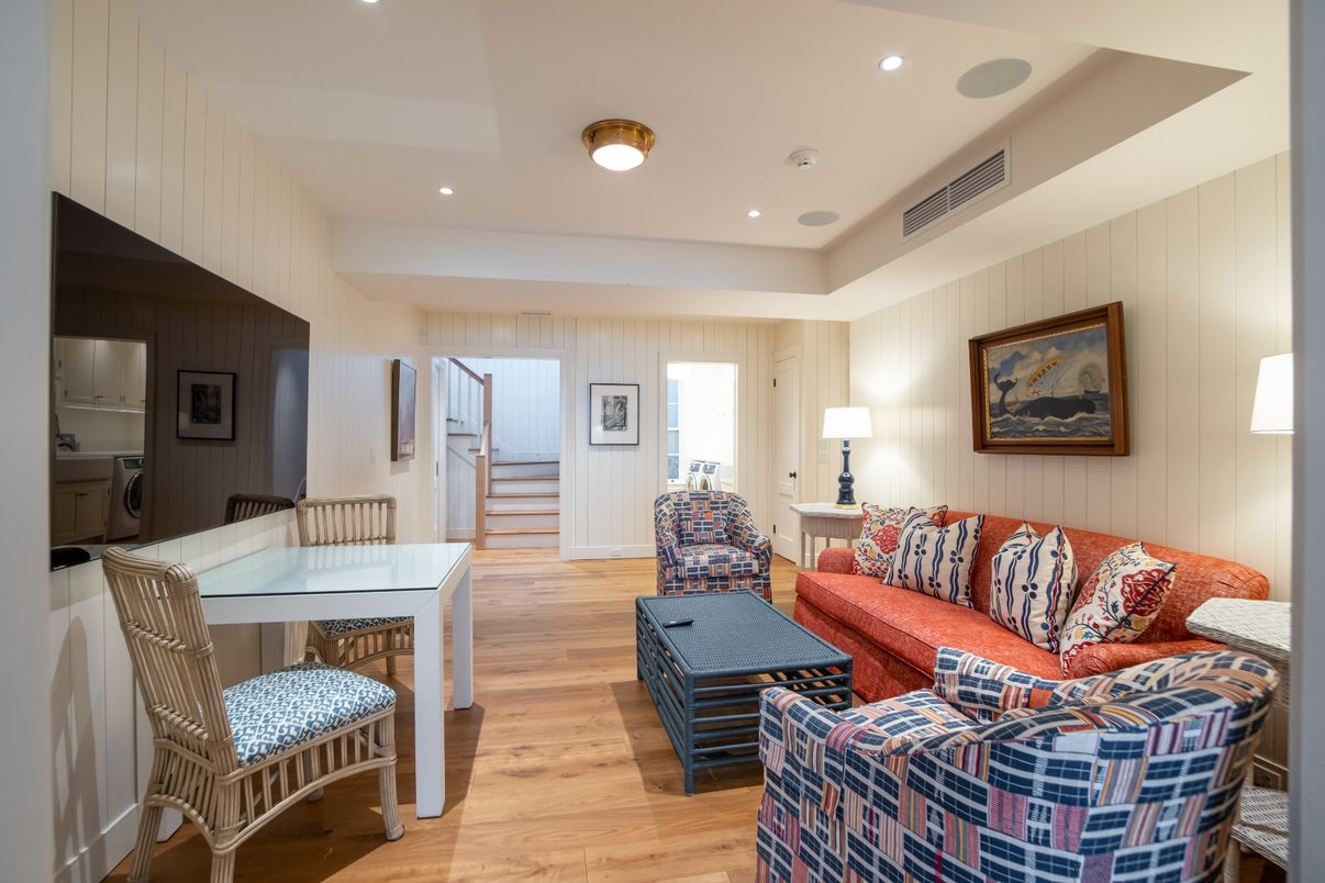 Dining room, Interior, Kitchen, Living room, Recessed Lighting, Stainless Steel Appliances, Wood Texture Flooring