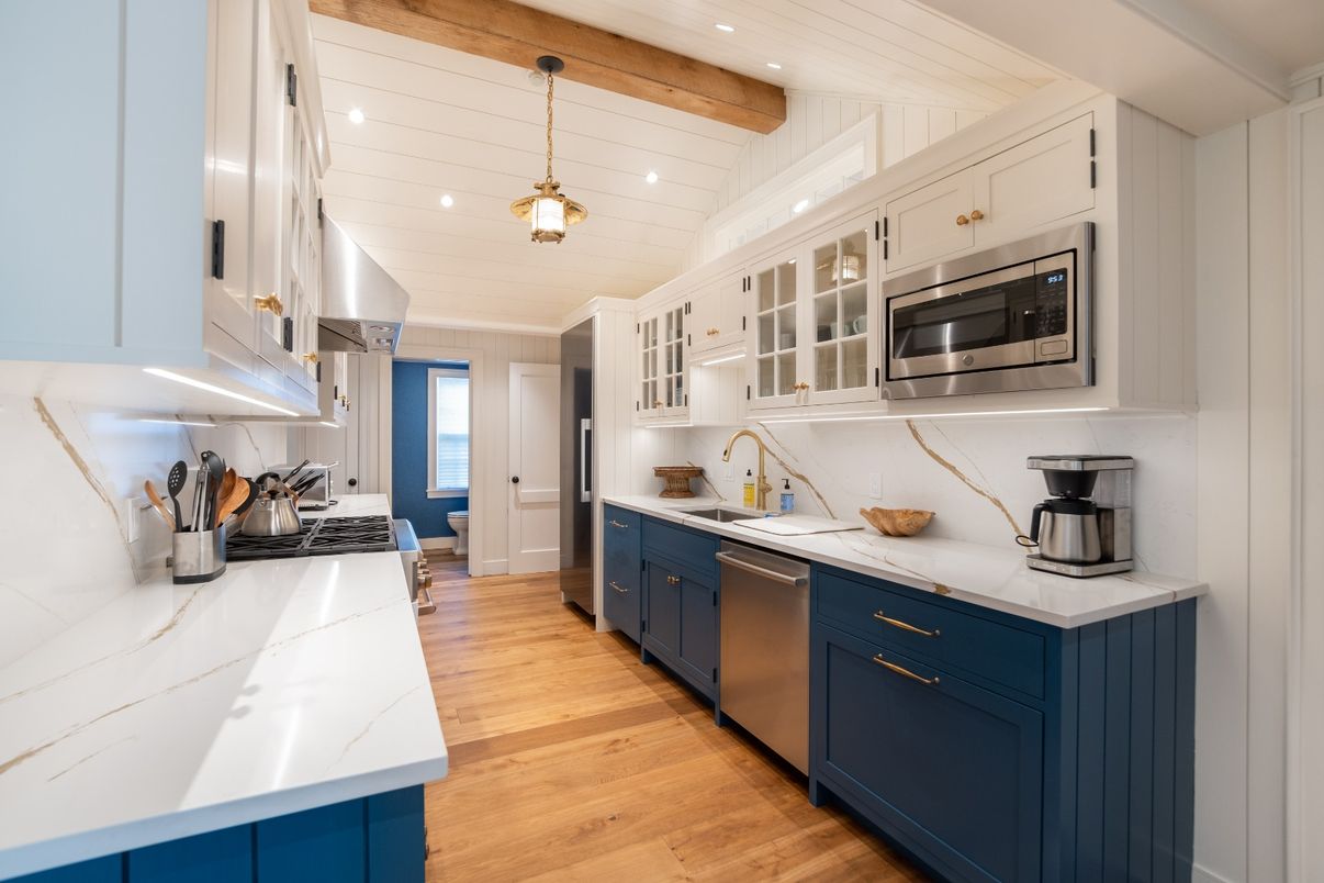 Interior, Kitchen, Pendant Lights, Recessed Lighting, Stainless Steel Appliances, Wooden Beams, Wood Texture Flooring