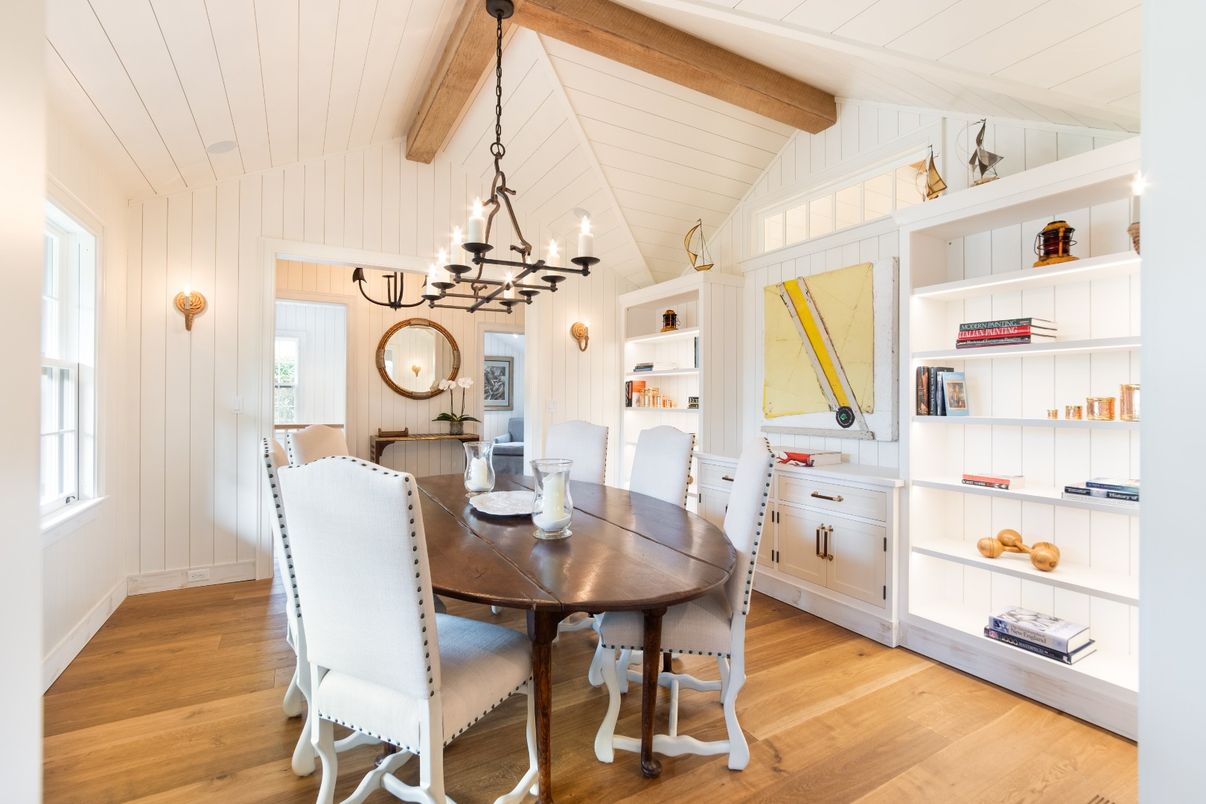 Chandelier, Dining room, Interior, Pendant Lights, Wooden Beams, Wood Texture Flooring