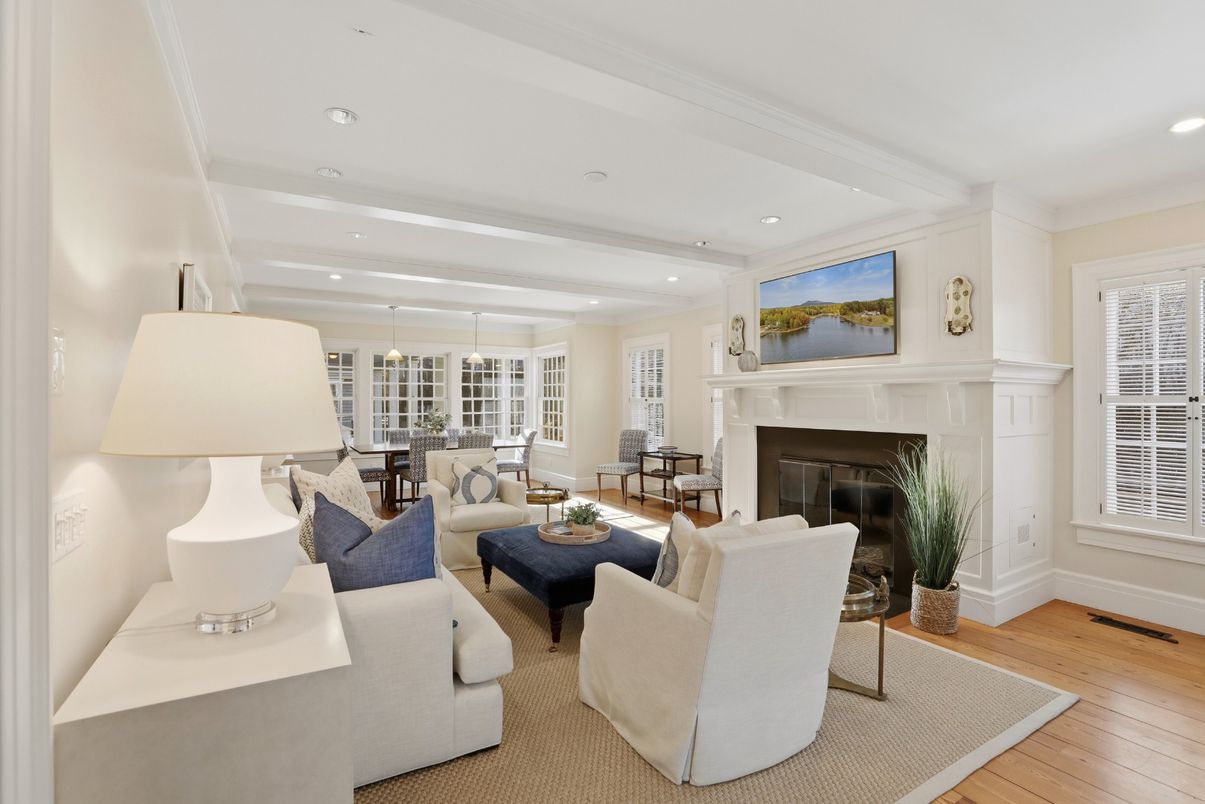Dining room, Fireplace, Interior, Living room, Pendant Lights, Recessed Lighting, Wood Texture Flooring
