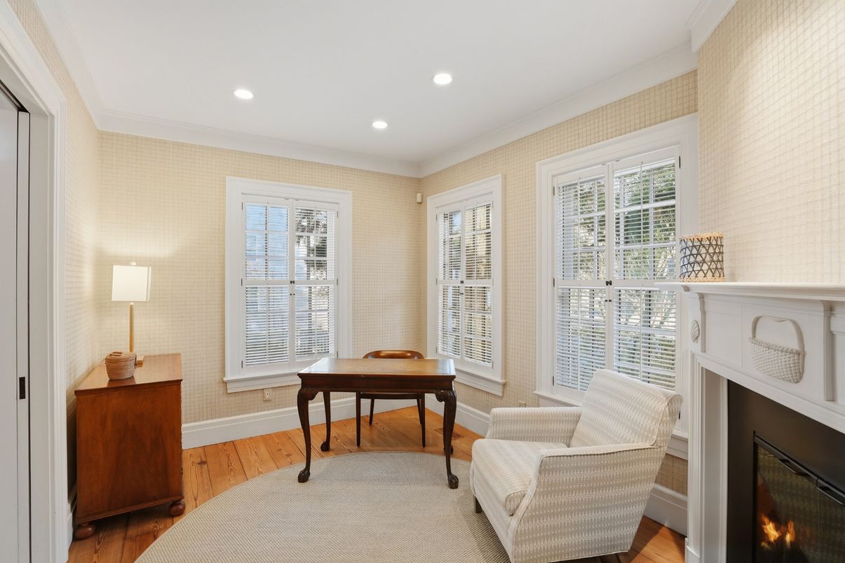 Fireplace, Home Office, Interior, Recessed Lighting, Wood Texture Flooring