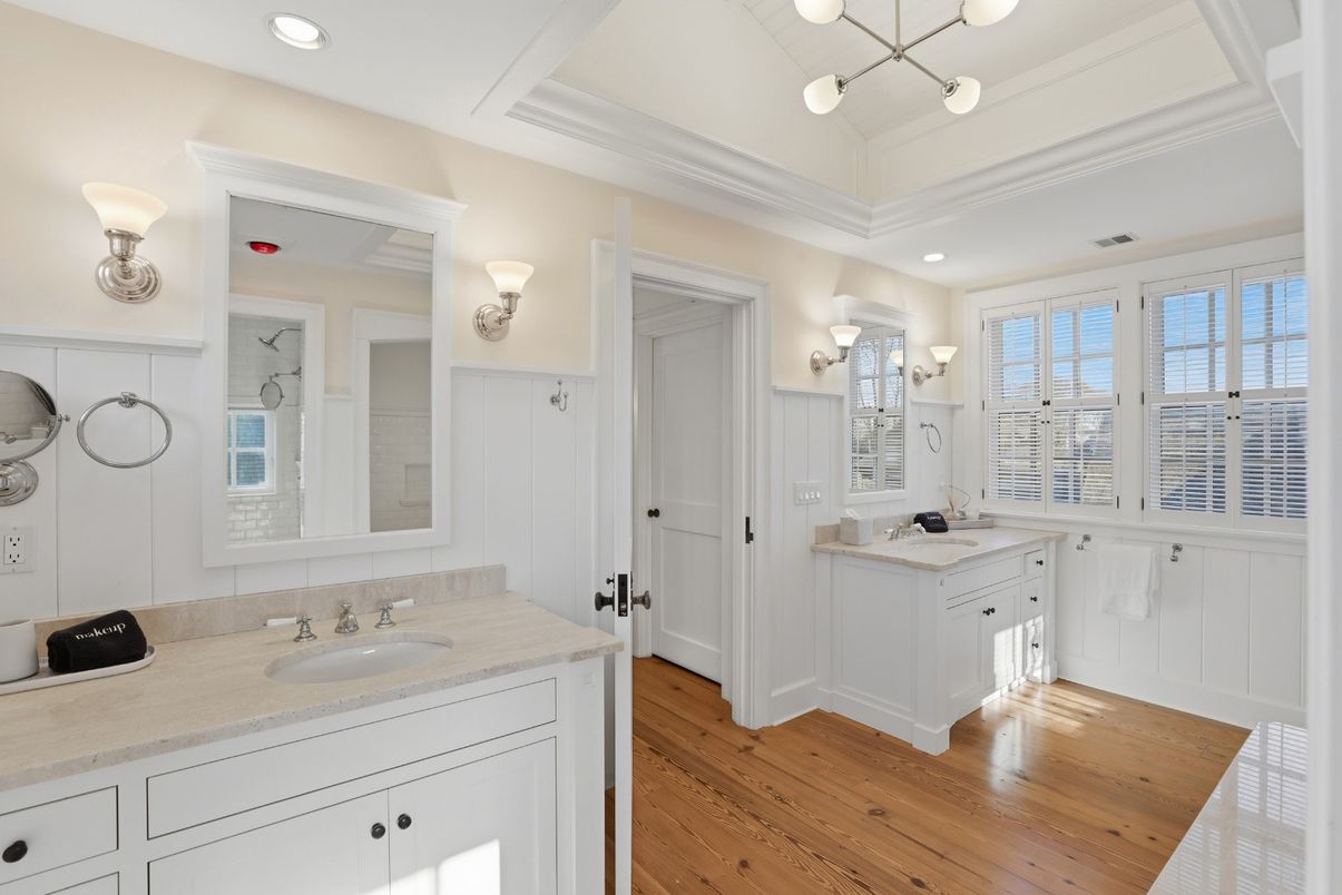 Bathroom, Dual Sink Vanities, Interior, Pendant Lights, Recessed Lighting, Wood Texture Flooring