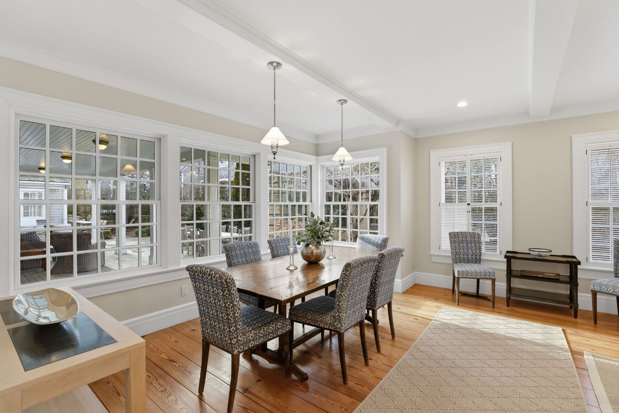 Dining room, Interior, Pendant Lights, Recessed Lighting, Wood Texture Flooring