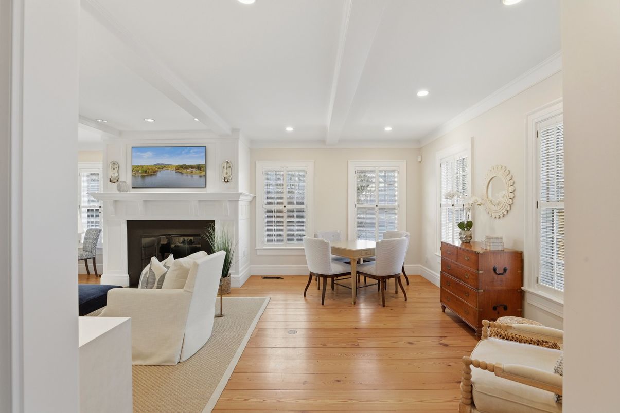Dining room, Fireplace, Interior, Living room, Recessed Lighting, Wood Texture Flooring