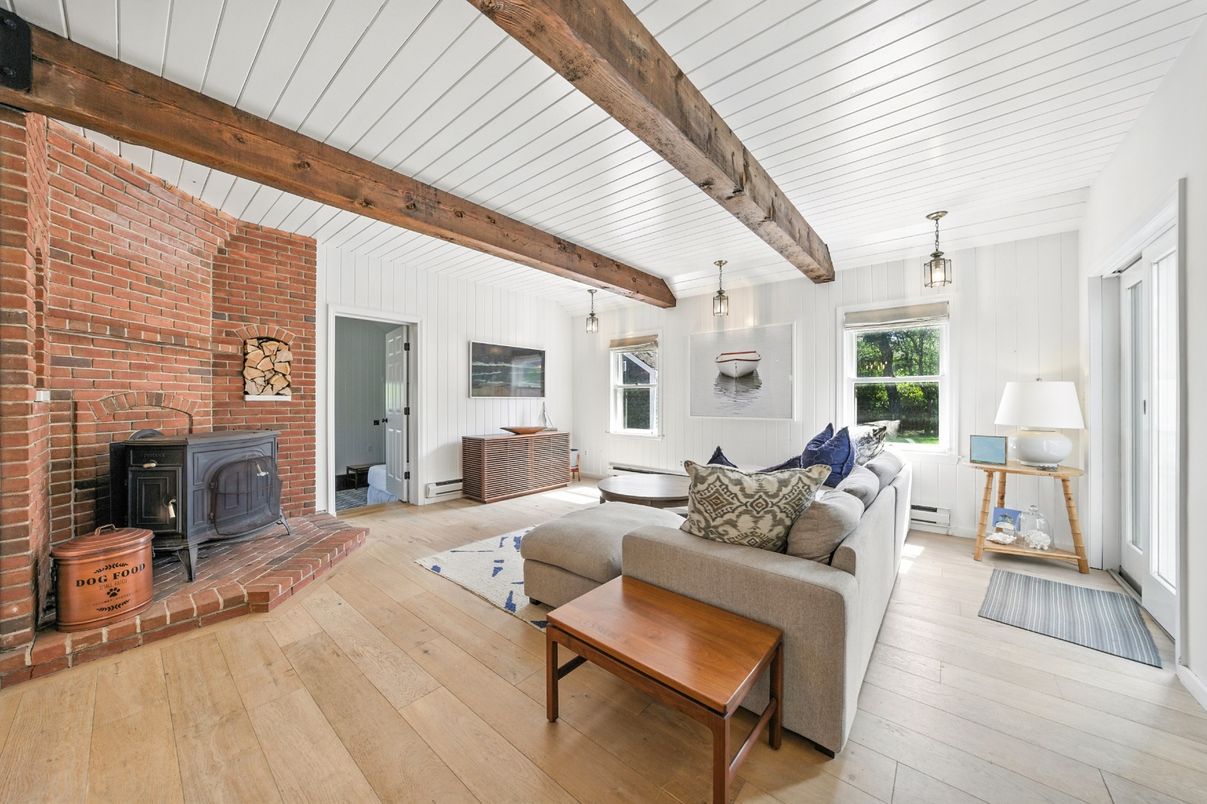 Fireplace, Interior, Living room, Pendant Lights, Stone Walls, Wooden Beams, Wood Texture Flooring