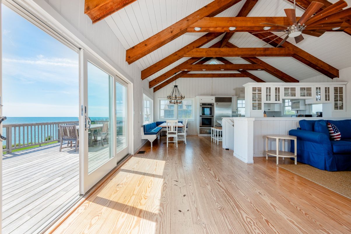Dining room, Interior, Pendant Lights, Water, Wooden Beams, Wood Texture Flooring