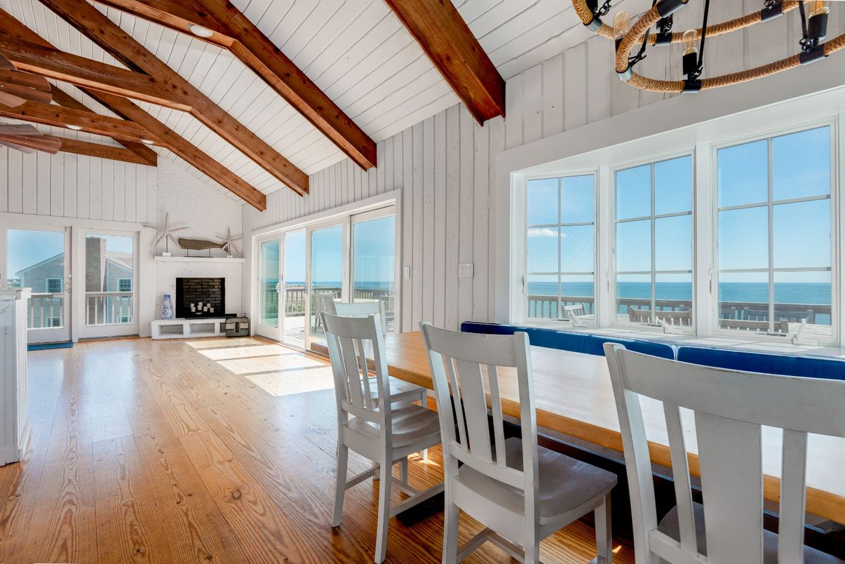Dining room, Fireplace, Interior, Water, Wooden Beams, Wood Texture Flooring