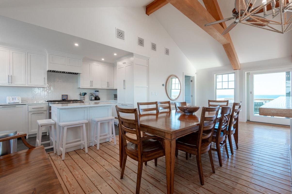 Dining room, Interior, Kitchen, Recessed Lighting, Water, Wooden Beams, Wood Texture Flooring