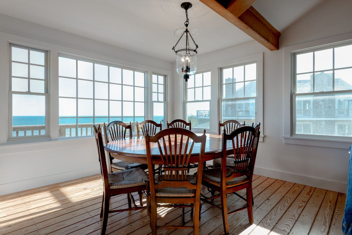 Dining room, Interior, Pendant Lights, Water, Wooden Beams, Wood Texture Flooring