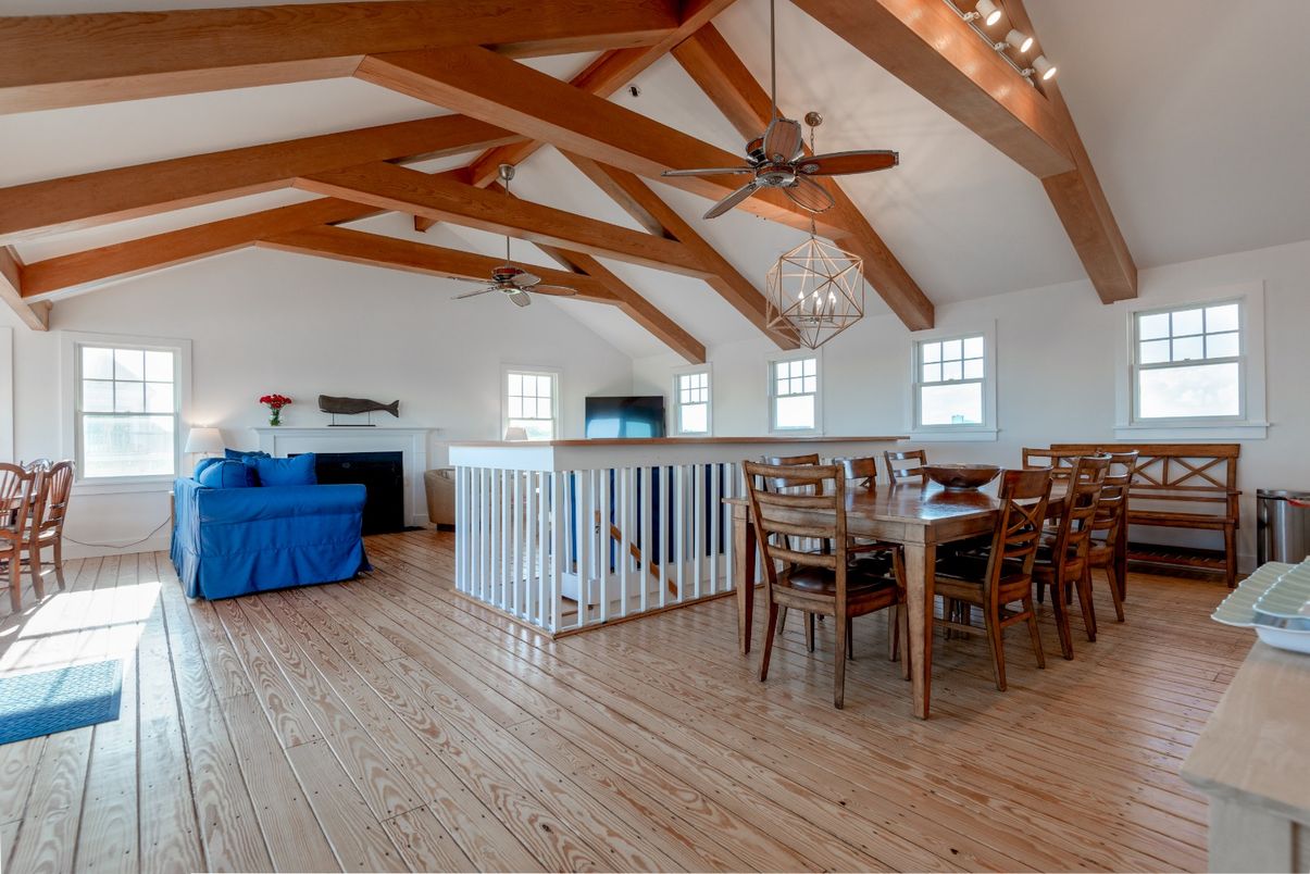 Dining room, Fireplace, Interior, Wooden Beams, Wood Texture Flooring