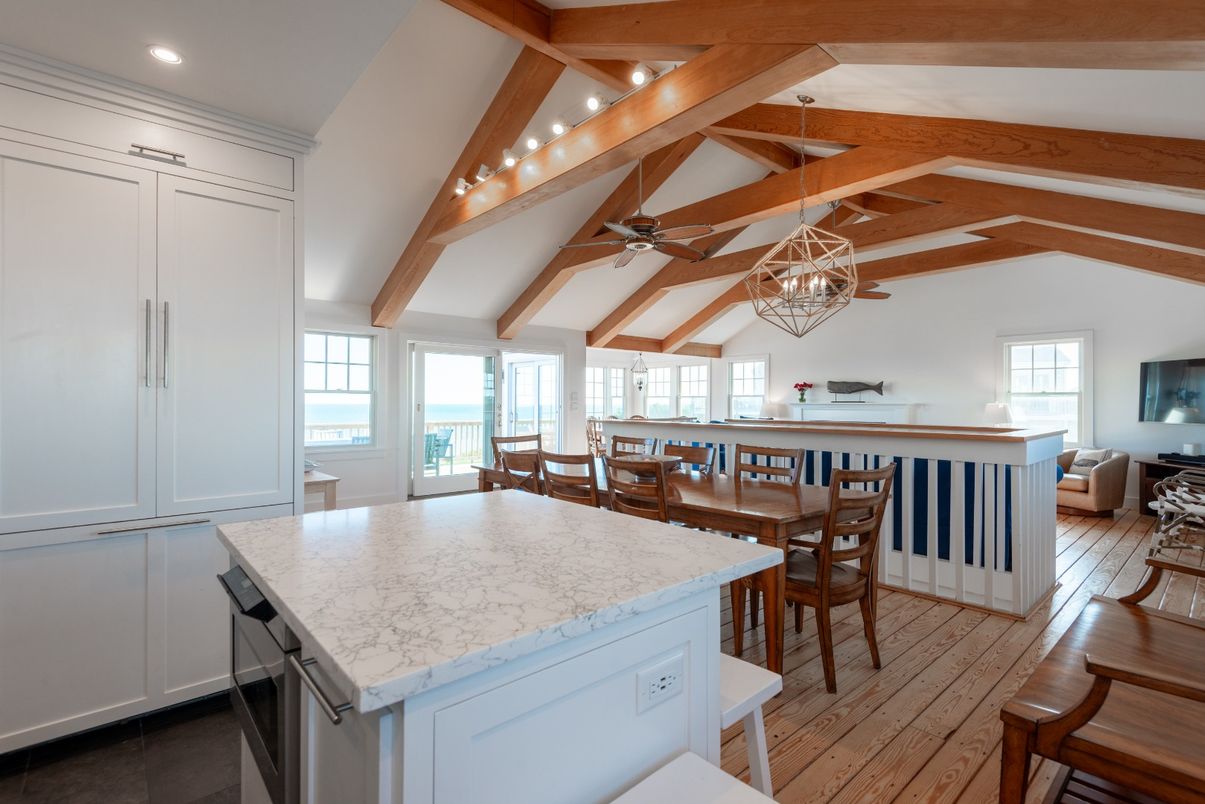 Dining room, Interior, Kitchen, Recessed Lighting, Wooden Beams, Wood Texture Flooring