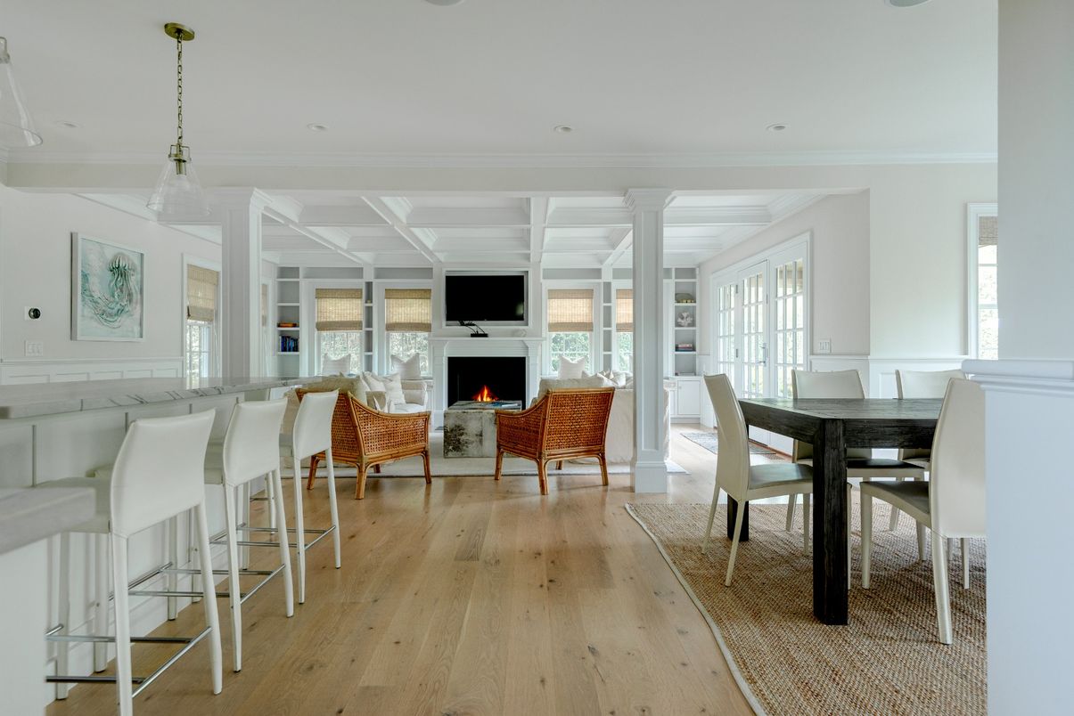 Dining room, Fireplace, Interior, Living room, Pendant Lights, Wood Texture Flooring
