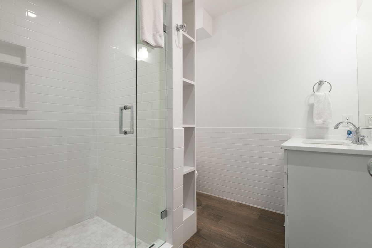 Bathroom, Glass Shower, Interior, Recessed Lighting, Wood Texture Flooring