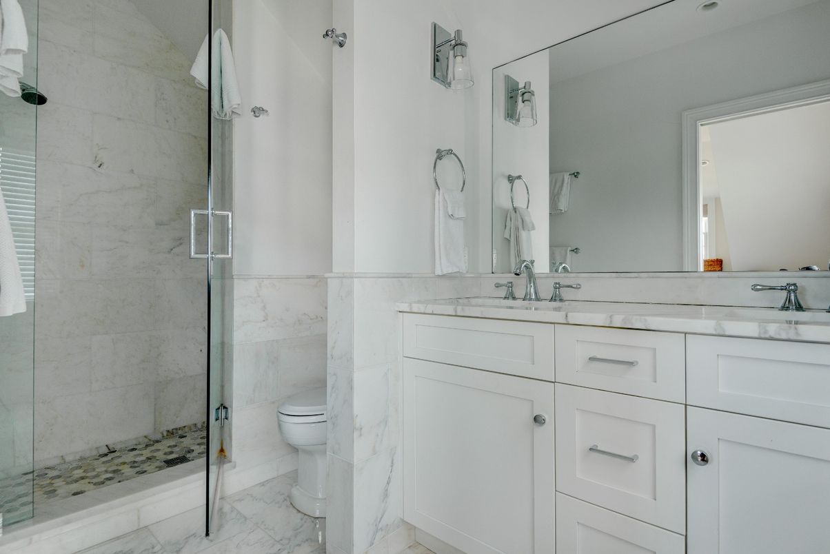 Bathroom, Dual Sink Vanities, Glass Shower, Interior, Marble, Marble Walls