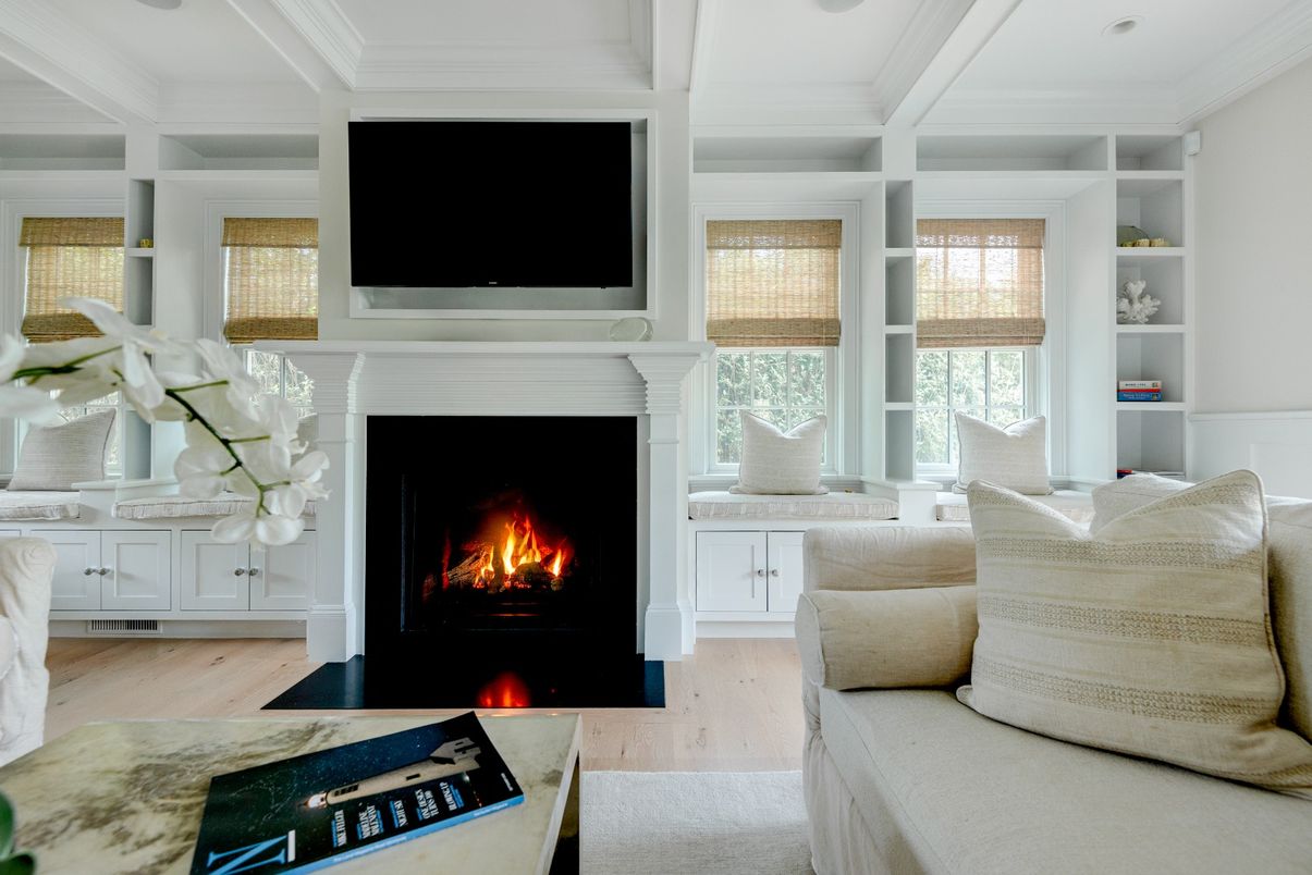 Fireplace, Interior, Living room, Recessed Lighting, Wood Texture Flooring