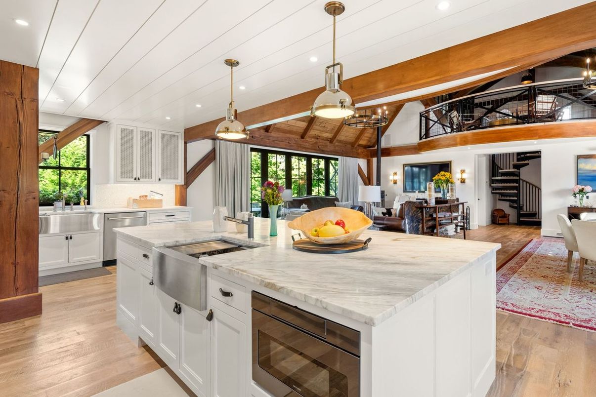 Dining room, Interior, Kitchen, Pendant Lights, Recessed Lighting, Stainless Steel Appliances, Wooden Beams, Wood Texture Flooring