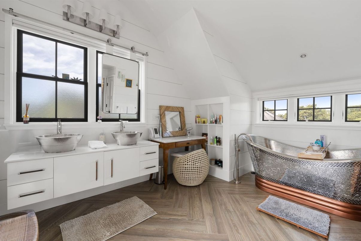 Bathroom, Dual Sink Vanities, Interior, Recessed Lighting, Wood Texture Flooring