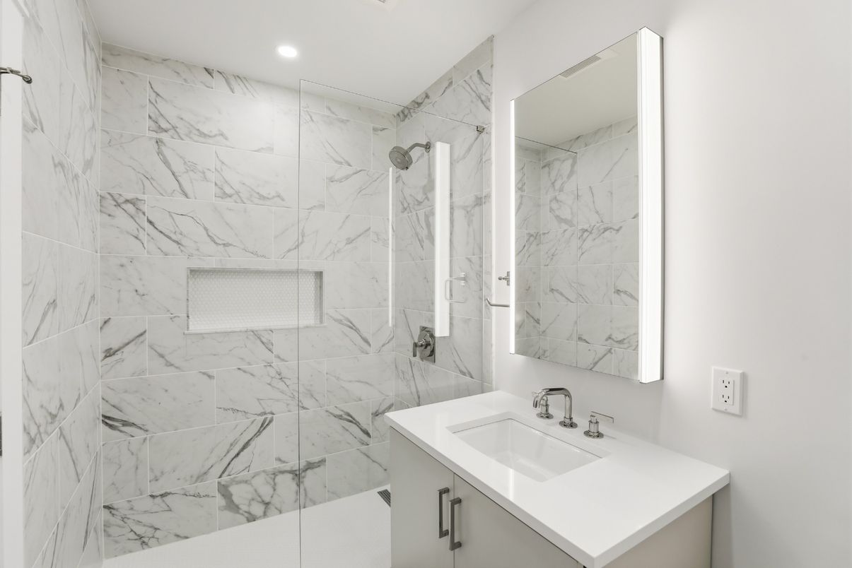 Bathroom, Glass Shower, Interior, Marble Walls, Recessed Lighting