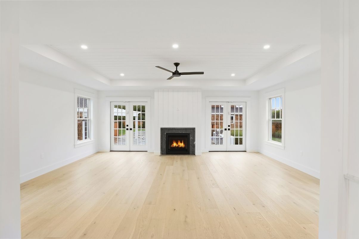 Empty room, Fireplace, Interior, Recessed Lighting, Wood Texture Flooring