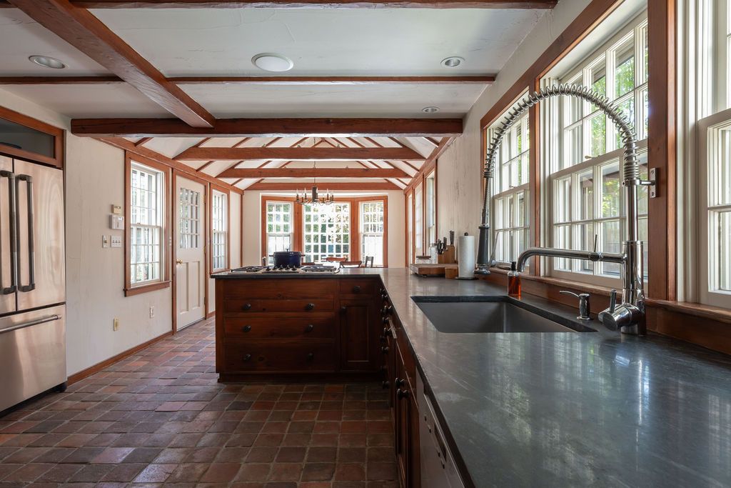Chandelier, Interior, Kitchen, Recessed Lighting, Wooden Beams