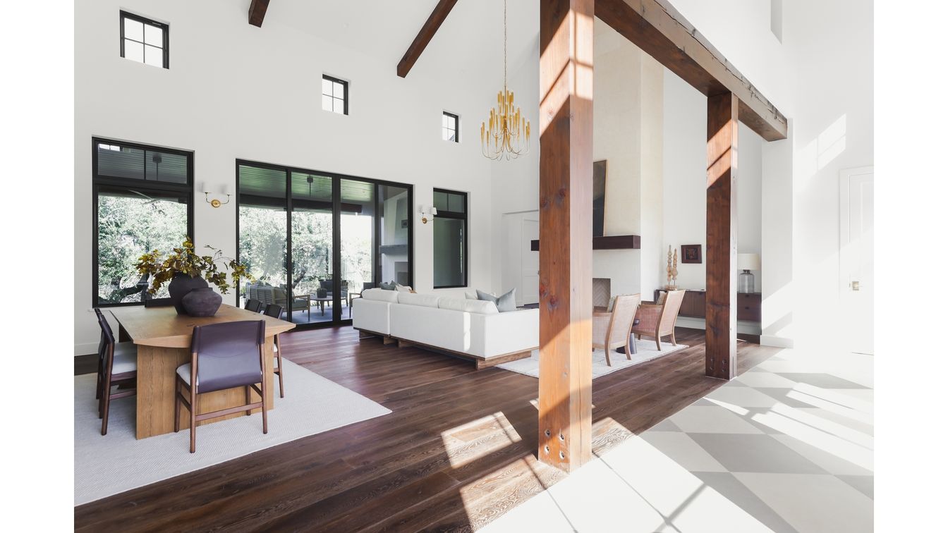 Chandelier, Dining room, Interior, Living room, Pendant Lights, Wooden Beams, Wood Texture Flooring