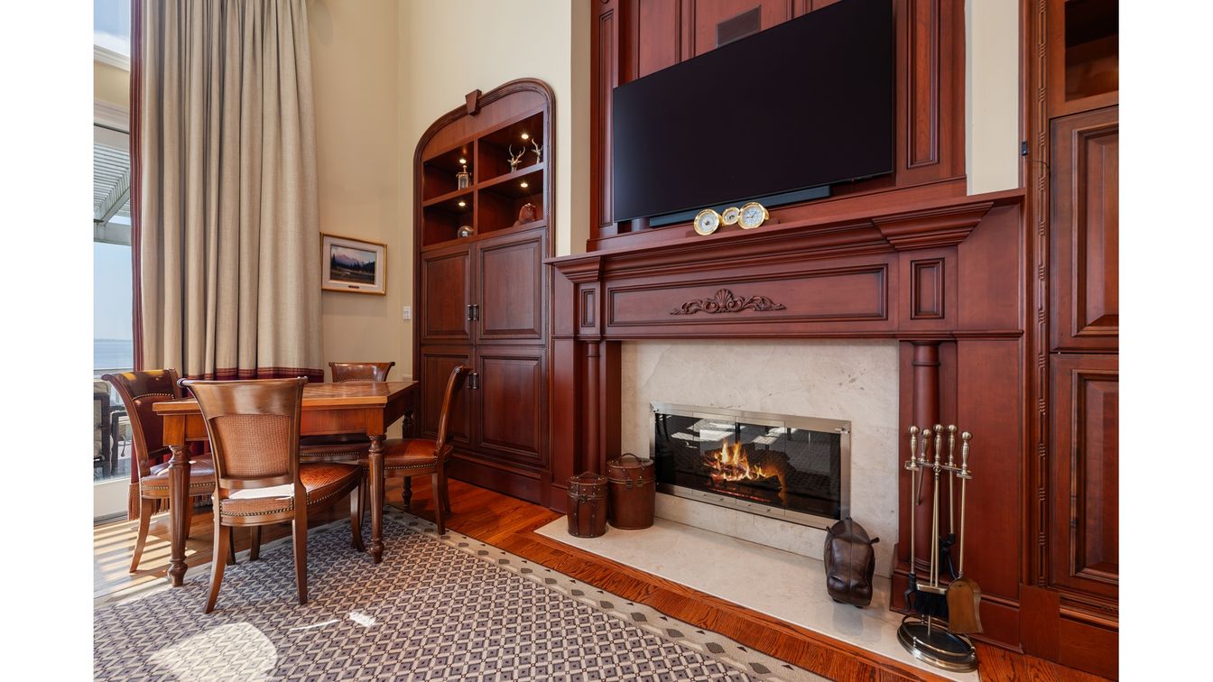 Dining room, Fireplace, Interior, Wood Texture Flooring