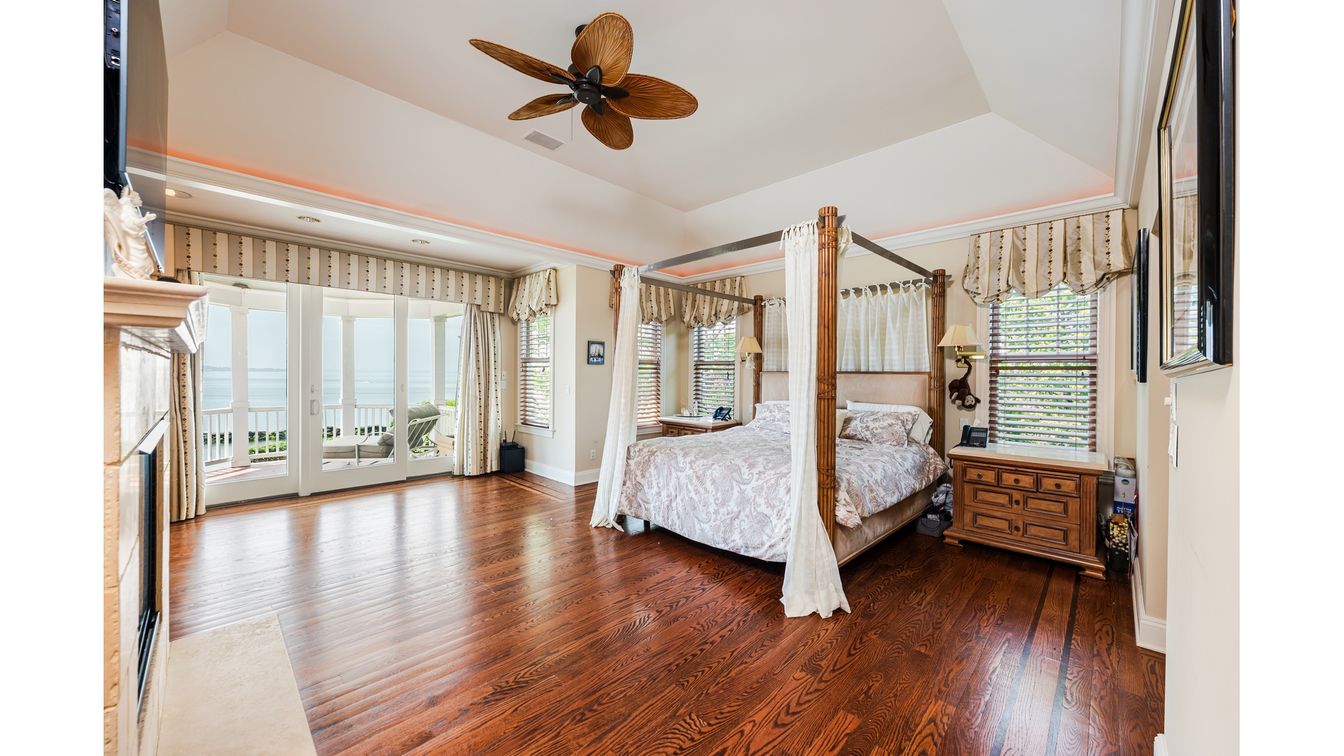 Bedroom, Fireplace, Interior, Recessed Lighting, Wood Texture Flooring