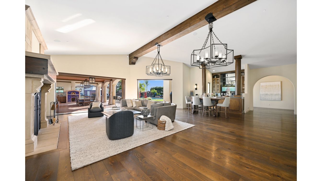 Chandelier, Dining room, Fireplace, Interior, Living room, Pendant Lights, Wooden Beams, Wood Texture Flooring