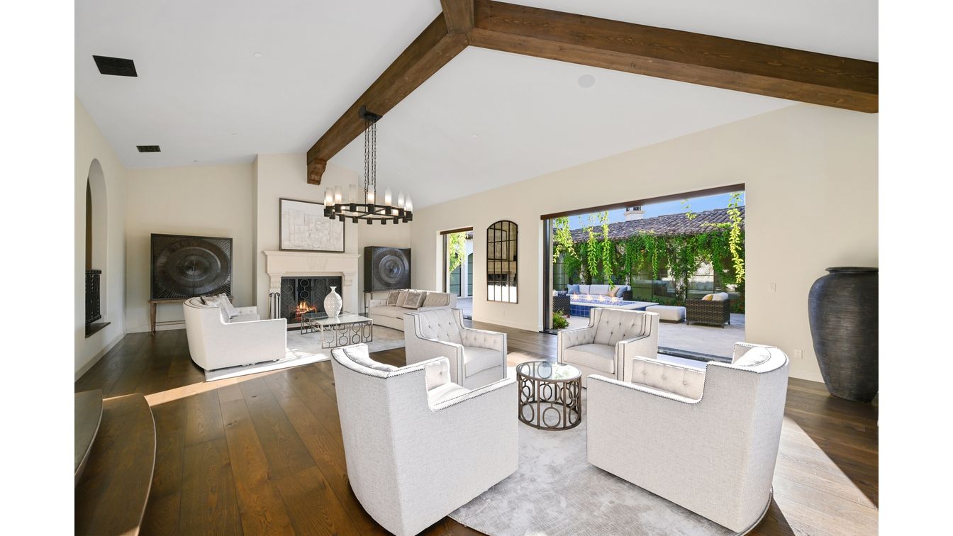 Chandelier, Fireplace, Interior, Living room, Wooden Beams, Wood Texture Flooring