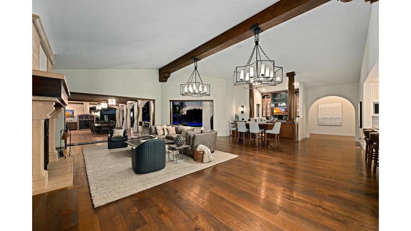 Chandelier, Dining room, Fireplace, Interior, Living room, Pendant Lights, Wooden Beams, Wood Texture Flooring
