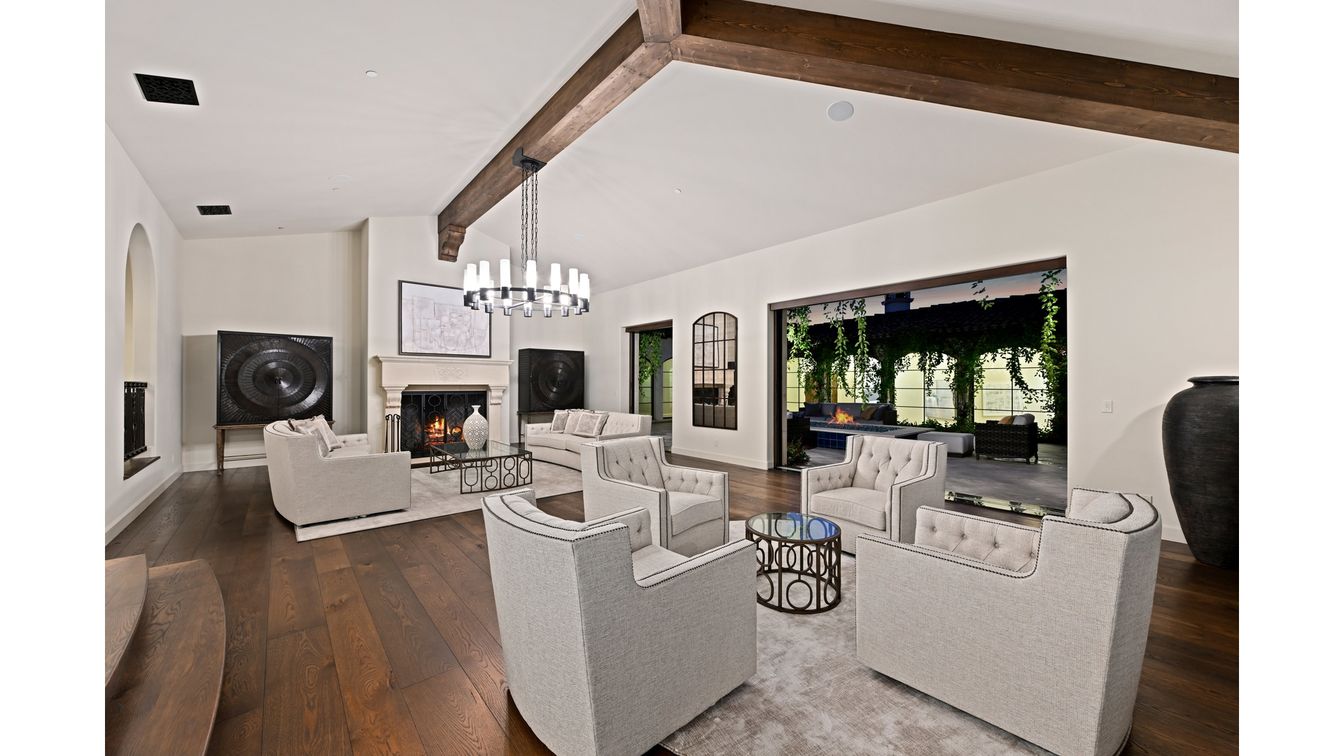 Fireplace, Interior, Living room, Pendant Lights, Recessed Lighting, Wooden Beams, Wood Texture Flooring