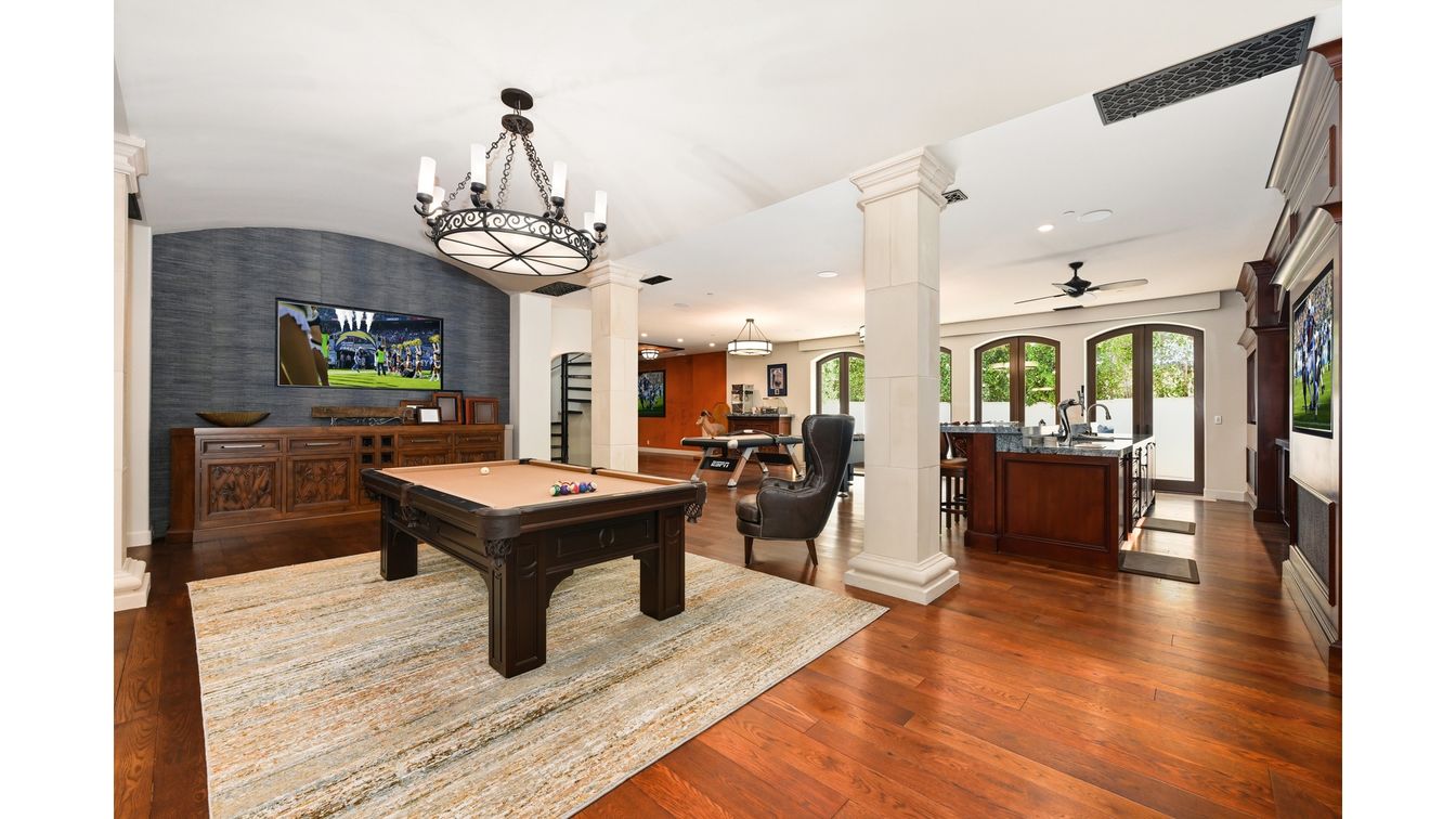 Billiard Table, Chandelier, Game Room, Interior, Pendant Lights, Recessed Lighting, Wood Texture Flooring