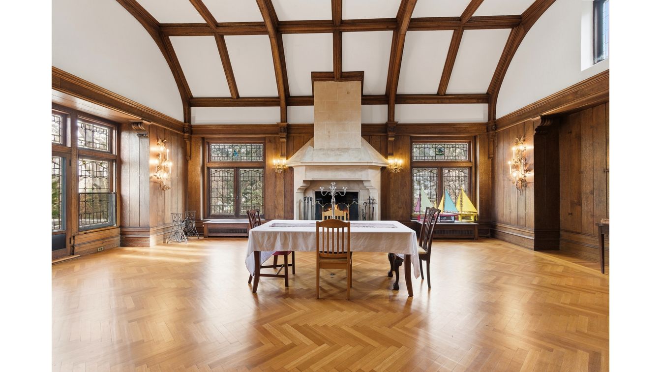Chandelier, Dining room, Fireplace, Interior, Wooden Beams, Wood Texture Flooring, Wooden Walls