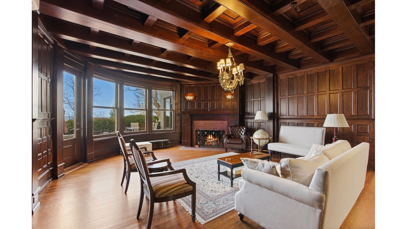 Chandelier, Fireplace, Interior, Living room, Wooden Beams, Wooden Ceilings, Wood Texture Flooring, Wooden Walls