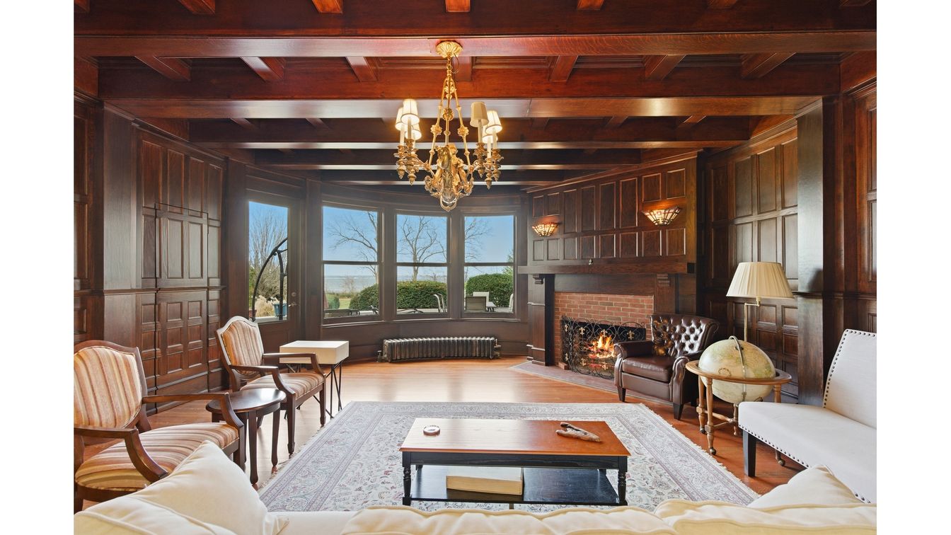 Chandelier, Fireplace, Interior, Living room, Wooden Beams, Wood Texture Flooring, Wooden Walls