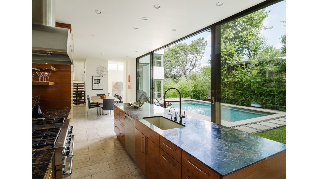 Dining room, Interior, Kitchen, Pool, Recessed Lighting, Wood Texture Flooring