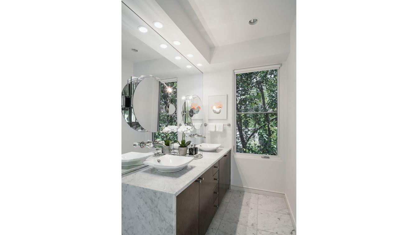 Bathroom, Dual Sink Vanities, Interior, Marble, Recessed Lighting